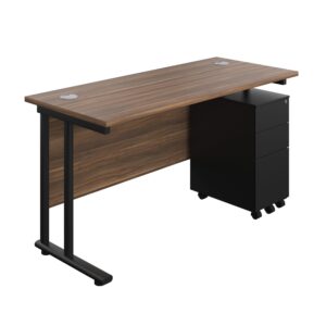 Twin Upright Rectangular Desk + Slimline Steel Pedestal 3 Drawers