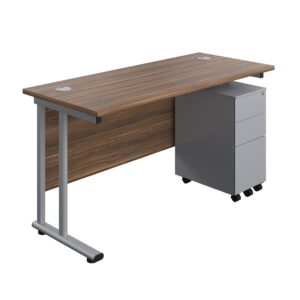 Twin Upright Rectangular Desk + Slimline Steel Pedestal 3 Drawers