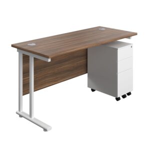 Twin Upright Rectangular Desk + Slimline Steel Pedestal 3 Drawers