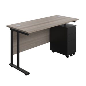Twin Upright Rectangular Desk + Slimline Steel Pedestal 3 Drawers