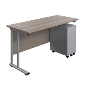 Twin Upright Rectangular Desk + Slimline Steel Pedestal 3 Drawers
