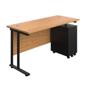 Twin Upright Rectangular Desk + Slimline Steel Pedestal 3 Drawers