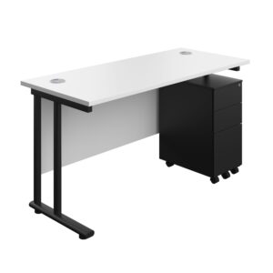 Twin Upright Rectangular Desk + Slimline Steel Pedestal 3 Drawers