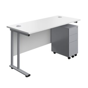 Twin Upright Rectangular Desk + Slimline Steel Pedestal 3 Drawers