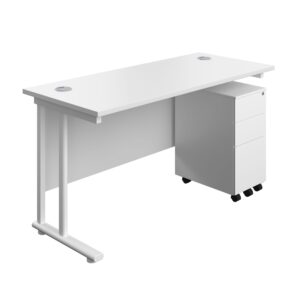 Twin Upright Rectangular Desk + Slimline Steel Pedestal 3 Drawers