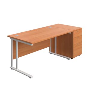 Twin Upright Rectangular Desk + Desk High 3 Drawer Pedestal