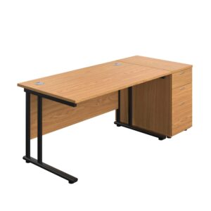 Twin Upright Rectangular Desk + Desk High 3 Drawer Pedestal