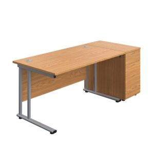 Twin Upright Rectangular Desk + Desk High 3 Drawer Pedestal