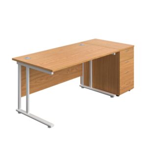 Twin Upright Rectangular Desk + Desk High 3 Drawer Pedestal
