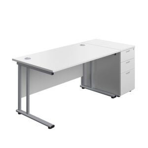 Twin Upright Rectangular Desk + Desk High 3 Drawer Pedestal