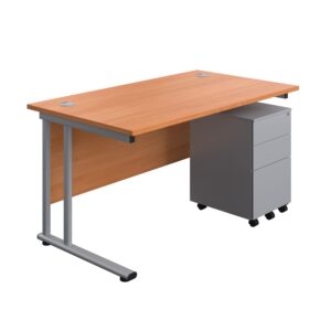 Twin Upright Rectangular Desk + Under Desk Steel Pedestal 3 Drawers