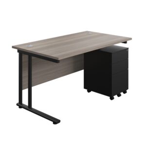 Twin Upright Rectangular Desk + Under Desk Steel Pedestal 3 Drawers