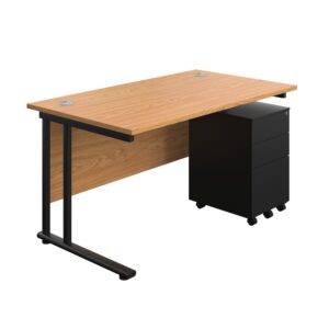 Twin Upright Rectangular Desk + Under Desk Steel Pedestal 3 Drawers