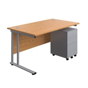 Twin Upright Rectangular Desk + Under Desk Steel Pedestal 3 Drawers