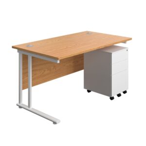Twin Upright Rectangular Desk + Under Desk Steel Pedestal 3 Drawers