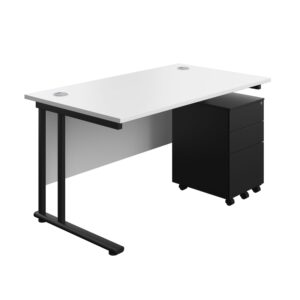 Twin Upright Rectangular Desk + Under Desk Steel Pedestal 3 Drawers
