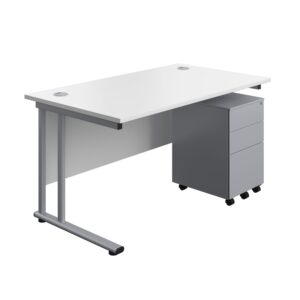 Twin Upright Rectangular Desk + Under Desk Steel Pedestal 3 Drawers