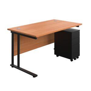 Twin Upright Rectangular Desk + Slimline Steel Pedestal 3 Drawers