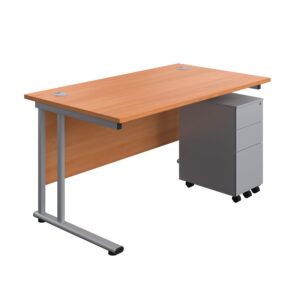 Twin Upright Rectangular Desk + Slimline Steel Pedestal 3 Drawers