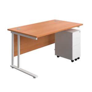 Twin Upright Rectangular Desk + Slimline Steel Pedestal 3 Drawers