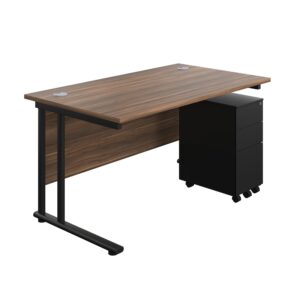 Twin Upright Rectangular Desk + Slimline Steel Pedestal 3 Drawers