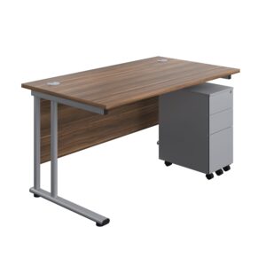Twin Upright Rectangular Desk + Slimline Steel Pedestal 3 Drawers