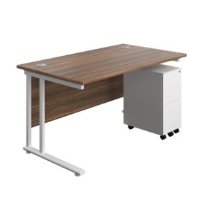 Twin Upright Rectangular Desk + Slimline Steel Pedestal 3 Drawers
