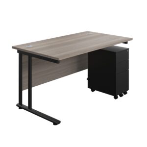 Twin Upright Rectangular Desk + Slimline Steel Pedestal 3 Drawers