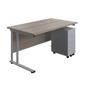 Twin Upright Rectangular Desk + Slimline Steel Pedestal 3 Drawers