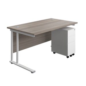 Twin Upright Rectangular Desk + Slimline Steel Pedestal 3 Drawers