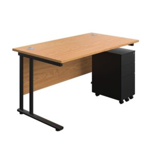 Twin Upright Rectangular Desk + Slimline Steel Pedestal 3 Drawers