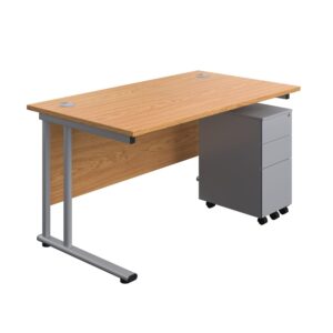 Twin Upright Rectangular Desk + Slimline Steel Pedestal 3 Drawers