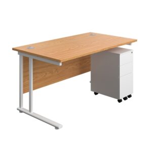 Twin Upright Rectangular Desk + Slimline Steel Pedestal 3 Drawers