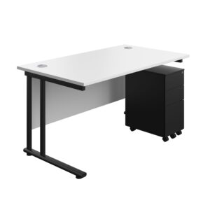 Twin Upright Rectangular Desk + Slimline Steel Pedestal 3 Drawers