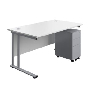 Twin Upright Rectangular Desk + Slimline Steel Pedestal 3 Drawers