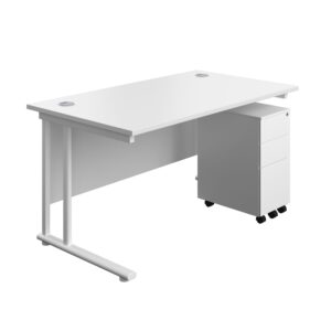 Twin Upright Rectangular Desk + Slimline Steel Pedestal 3 Drawers