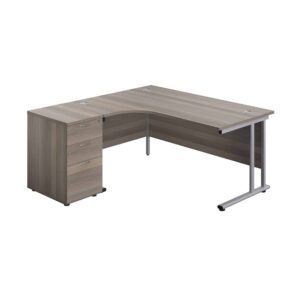 Twin Upright Left Hand Radial Desk + Desk High 3 Drawer Pedestal