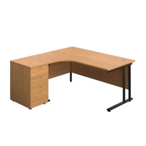Twin Upright Left Hand Radial Desk + Desk High 3 Drawer Pedestal