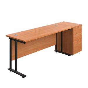 Twin Upright Rectangular Desk + Desk High 3 Drawer Pedestal