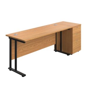 Twin Upright Rectangular Desk + Desk High 3 Drawer Pedestal