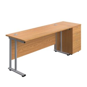 Twin Upright Rectangular Desk + Desk High 3 Drawer Pedestal