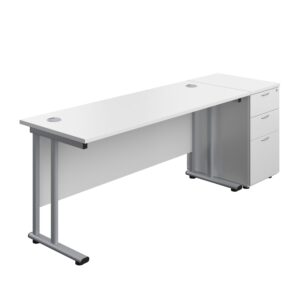 Twin Upright Rectangular Desk + Desk High 3 Drawer Pedestal