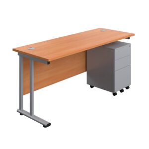 Twin Upright Rectangular Desk + Under Desk Steel Pedestal 3 Drawers