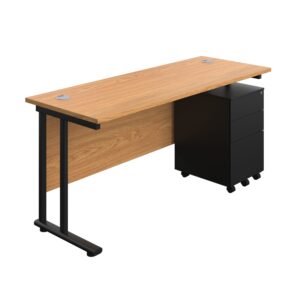 Twin Upright Rectangular Desk + Under Desk Steel Pedestal 3 Drawers