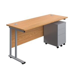 Twin Upright Rectangular Desk + Under Desk Steel Pedestal 3 Drawers