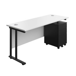 Twin Upright Rectangular Desk + Under Desk Steel Pedestal 3 Drawers