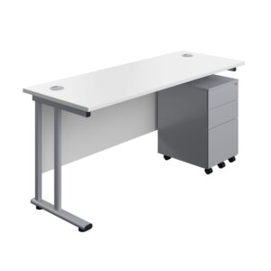 Twin Upright Rectangular Desk + Under Desk Steel Pedestal 3 Drawers