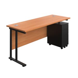 Twin Upright Rectangular Desk + Slimline Steel Pedestal 3 Drawers