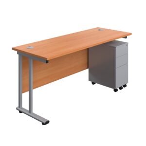 Twin Upright Rectangular Desk + Slimline Steel Pedestal 3 Drawers