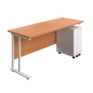 Twin Upright Rectangular Desk + Slimline Steel Pedestal 3 Drawers